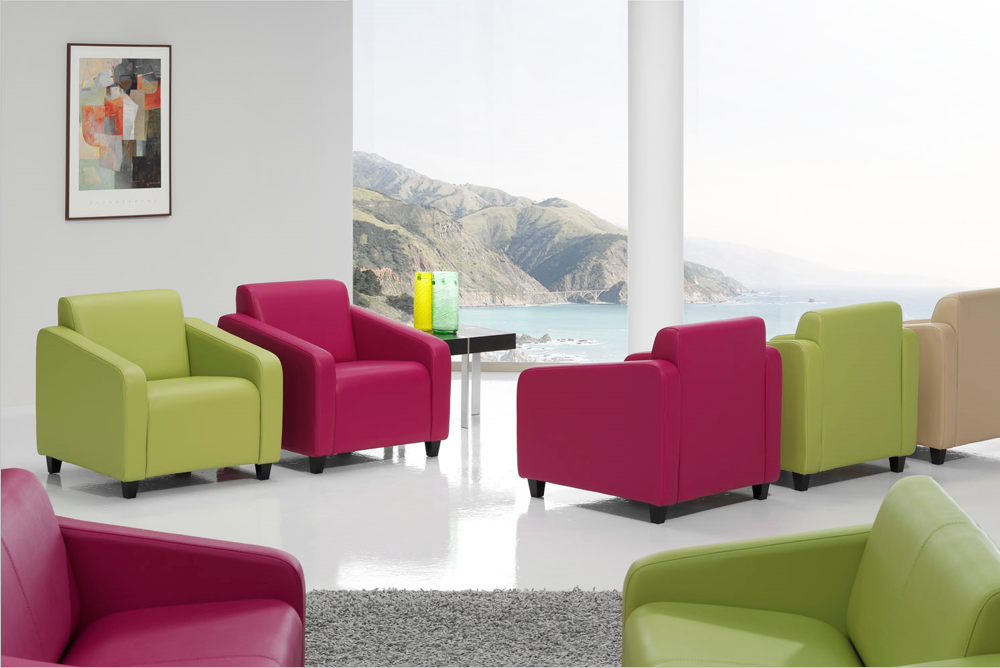 montaje contract caferería sala de espera sillones colores